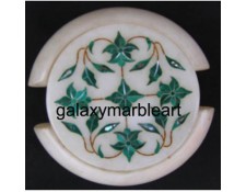 Agra marble inlay coaster set with malachite stone 3.5" Cs-29